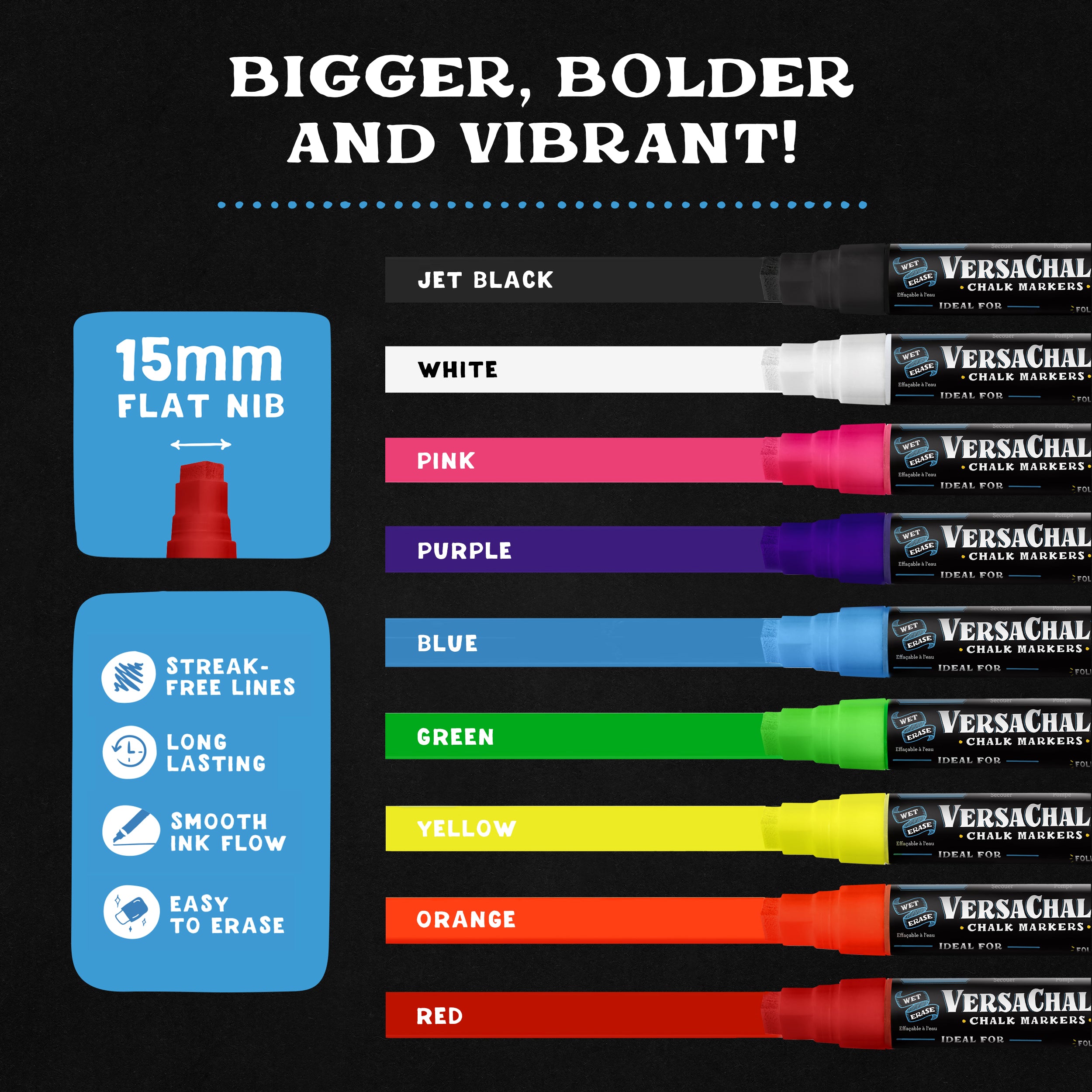 VersaChalk 9 Count Jumbo Liquid Chalk Marker Set, 15mm Tip