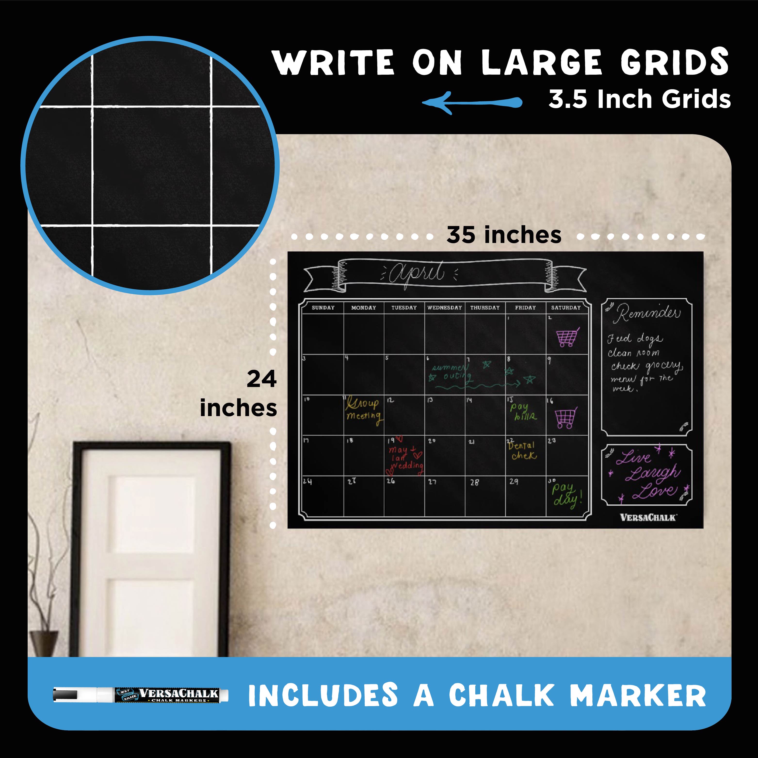 VersaChalk Vintage Chalkboard Wall Calendar – 24 x 36 Inch Reusable Monthly Planner