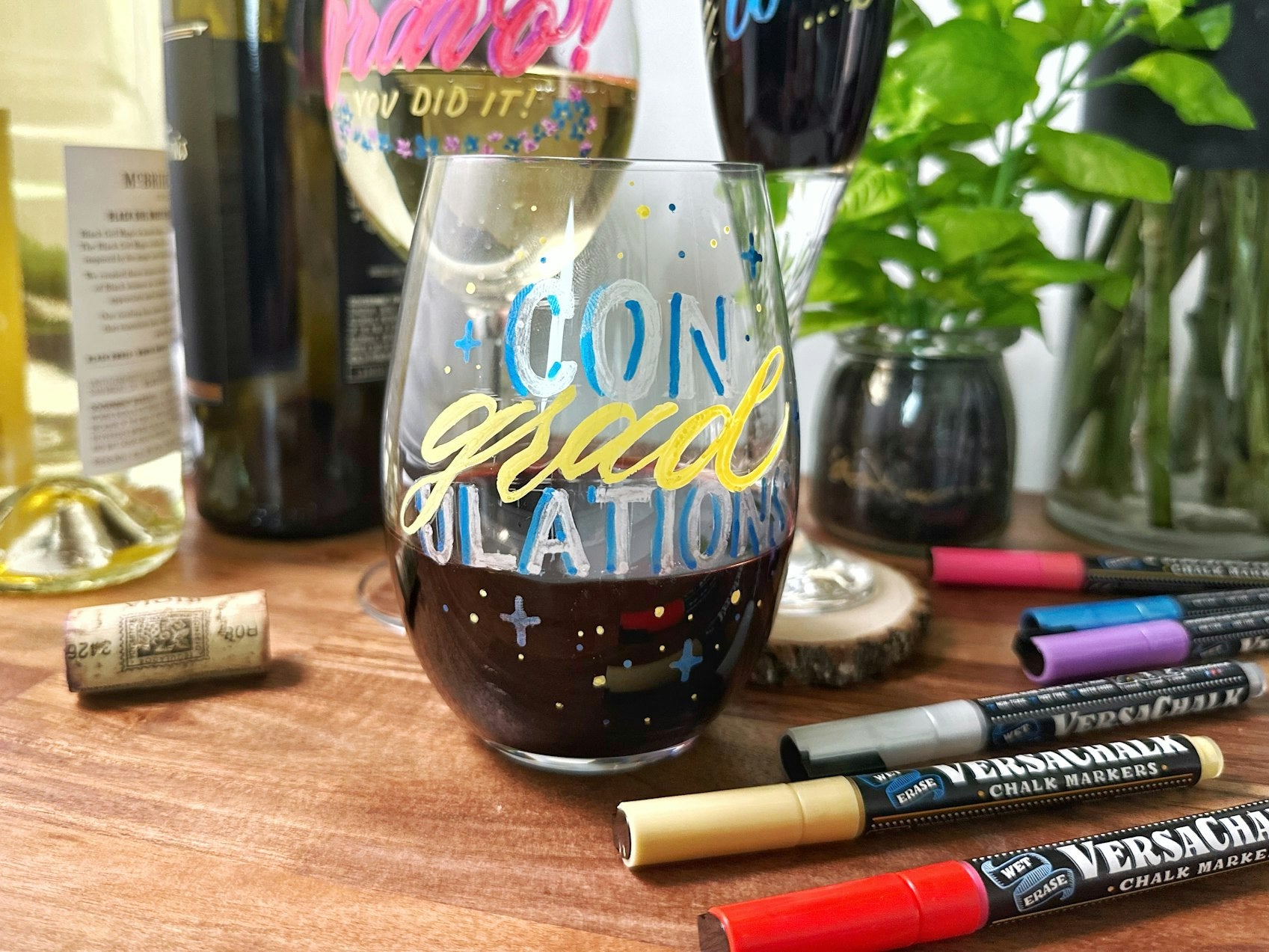 Graduation Chalkboard Ideas with Wine Glass Markers