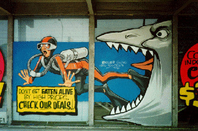 Sales pitch on a window using a shark cartoon