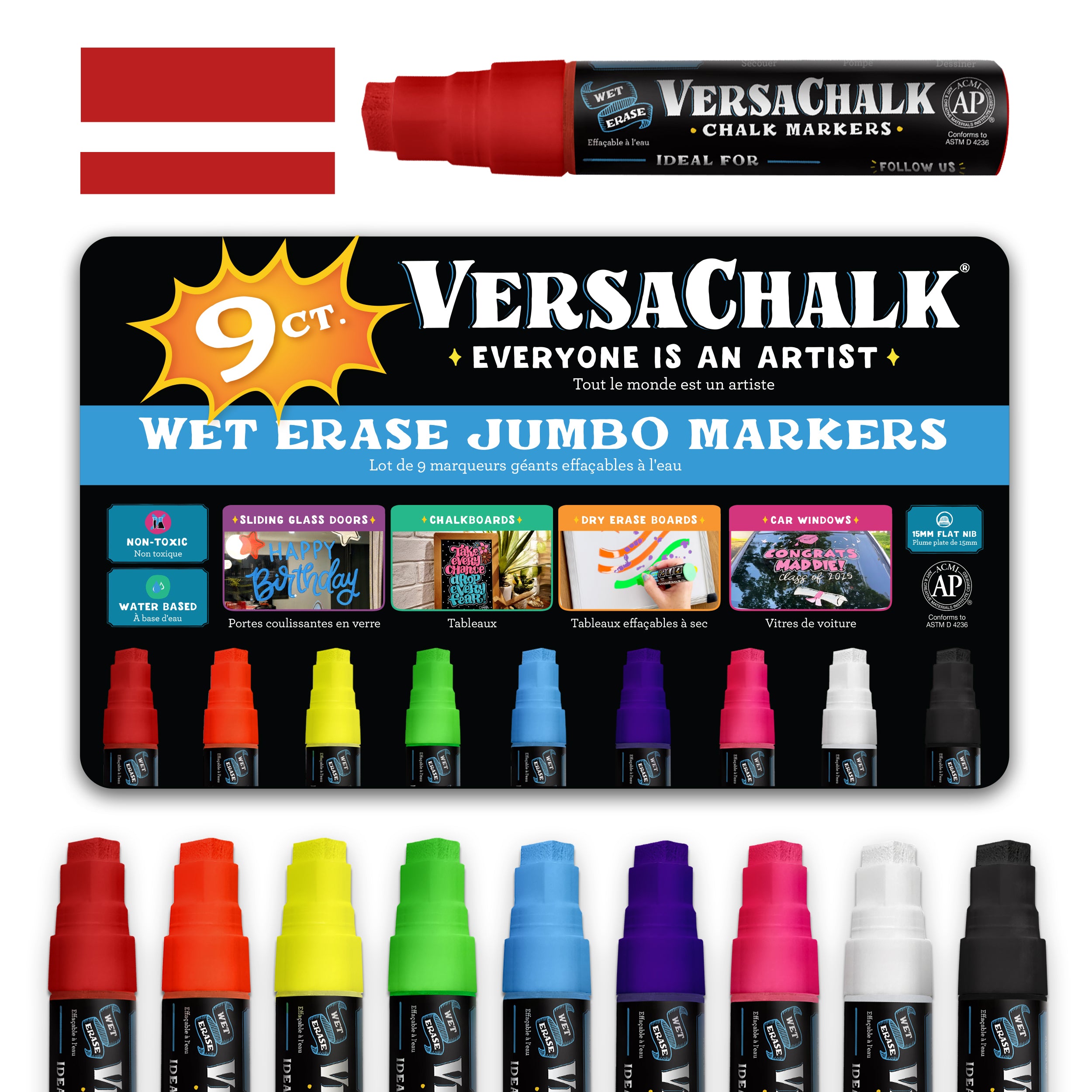 VersaChalk 9 Count Jumbo Liquid Chalk Marker Set, 15mm Tip