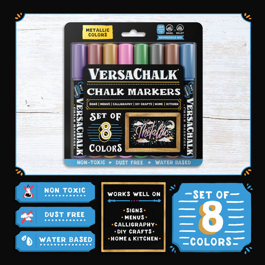 LANA & LUCA Metallic Liquid Chalk Markers, 8 Pack, 6mm Reversible Tip, Kid  Safe, Odor Free, Made for Everyone